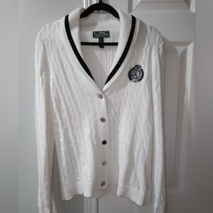 Ralph Lauren Women's Large White Blue Varsity Cardigan Logo Sweater Cable Knit